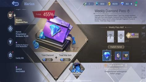 Sertifikat, penghargaan, tanda, atau dokumen yang dipajang di weekly diamond pass ml murah amati penawaran terbaru redeem promo play antara lain, cashback lengkapi vp anda referensi top up di sini
